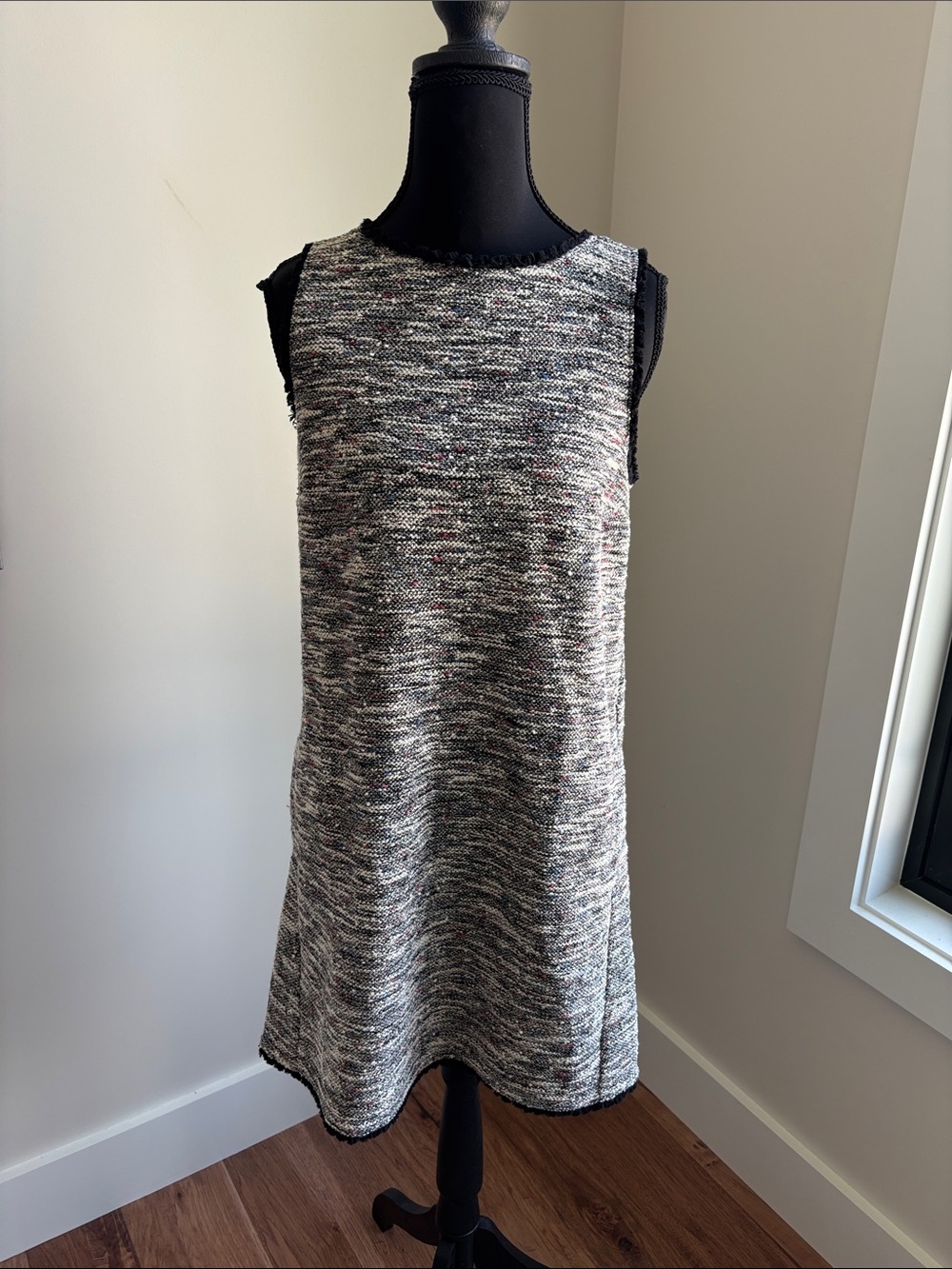 LOFT Black and Cream Tweed Sleeveless Shift Dress
